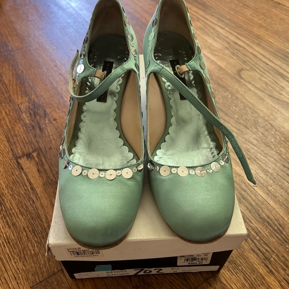 Marc Jacobs Satin Mint w/ Silver Sparkles Mary Jane Janes Pumps Heels - Picture 3 of 8